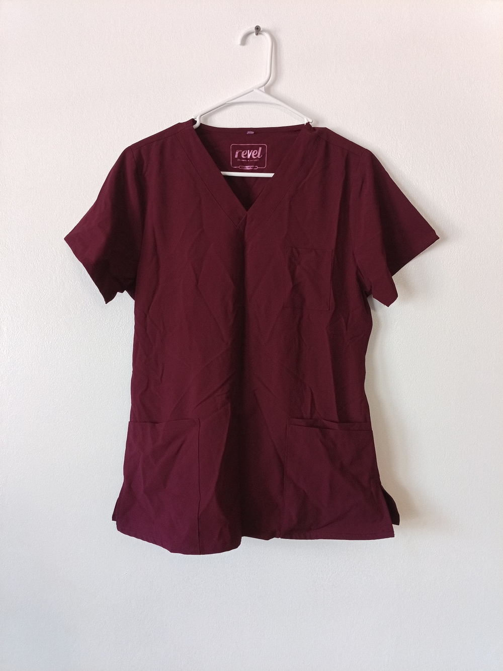 Revel Women's Short Sleeve V-Neck Scrub Top in Burgundy Sz. Medium